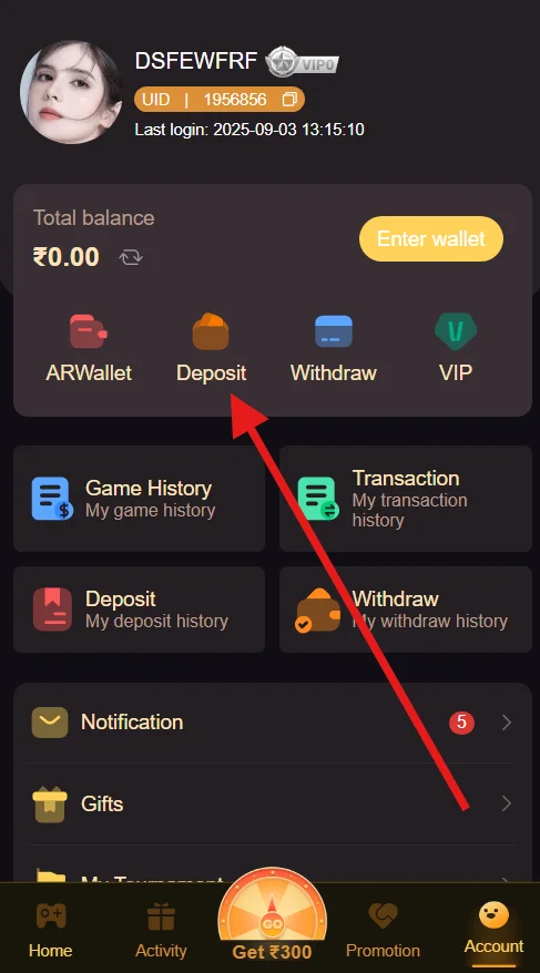 An image of the Account page with a red arrow pointing towards the Deposit option.